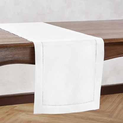 Off White Table Runner 36 inches – Medium Weight Hemstitch, 100% Pure Linen Coffee Table Runner 14 x 36 Inch Ideal for Dresser Tables – Azure, Spring, Summer, Wedding Gift