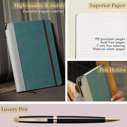 SETTINI® Lined Journal - Sleek Teal Journal for Writing Gift Set - Hardcover Vegan Leather, Includes Luxury Pen in a Unique Pen Holder, 192 Pages, 6 x 8.5 inches, Birthday Gift