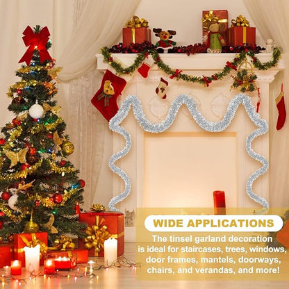 25 Feet Silver Christmas Tinsel Garland, Metallic Foil Twist Banner Wall Hanging Tinsel Streamers Backdrop for Parade Floats, Christmas, Mother's Day, Birthday Party Decorations(4in x 25ft)