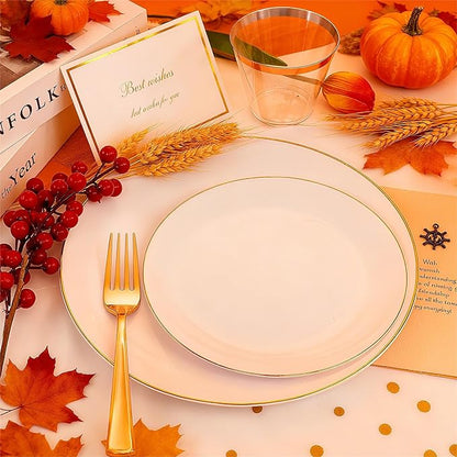 Festiva 176Pcs White and Gold Plastic Plates - White with Gold Rim Fall Dinnerware Set - 25Guest include Plates Cups Cutlery Napkins for Fall Party&Wedding& New Year&Thanksgiving
