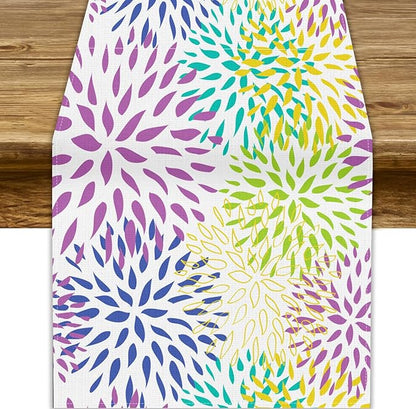 Purple Flowers Table Runner, Chrysanthemum Dahlia Vintage Modern Colorful Spring Summer Elegant Table Runner for Party Kitchen Dining Living Room Laundry Room Decor, 13x70 Inch