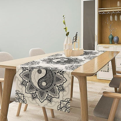 Yin Yang Table Runner, Bohemian Mandala Vintage Black White Traditional Oriental Floral Print Table Runner for Home Kitchen Dining Table Wedding Party Decor, 13x60inch