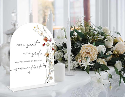 Boho Floral Pick a Seat Not a Side Sign, 6 x 8 Inch White Arch Acrylic Wedding Sign with Holder, Wedding Sign for Ceremony and Reception, Wedding Decoration, Wedding Supplies - BX18