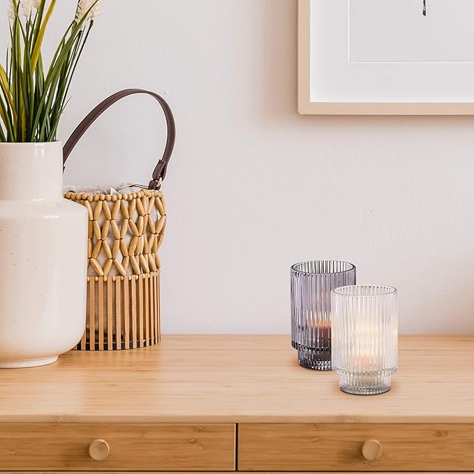 Serene Spaces Living Smoke Ribbed Glass Votive Holder, Perfect for Weddings and Home Décor, Measures 5" Tall and 3.25" Diameter