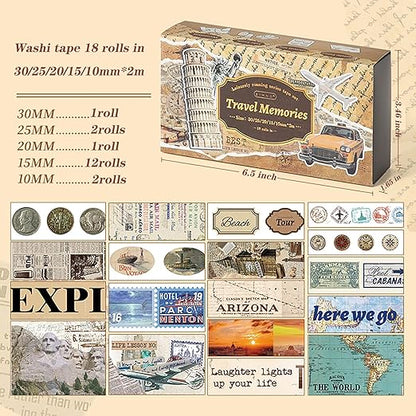 18 Rolls Travel Washi Tape Set journaling Tape for Crafts and Journaling DIY Scrapbook Tape for journaling Scrapbooking Supplies washi Tape for Scrapbooking