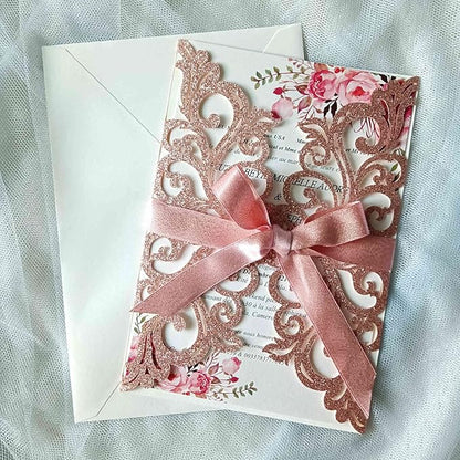 25PCS Rose Gold Laser Cut Wedding Invitations Cards with Envelopes,Blank Inner Sheets,Ribbons for Wedding Bridal Shower Quinceañera Engagement Birthday Invites, rose gold glitter