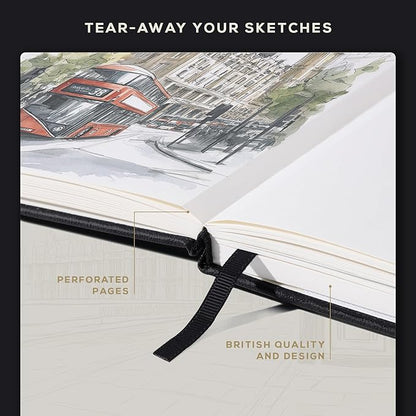 Beechmore Books A4 Sketchbook – 8.5x11 Premium Vegan Leather Bound Large Sketch Book Hardcover with 156 Thick 160gsm Perforated Ivory Pages, Blank Sketch Pad, Gift Boxed, Back Pocket, Ribbon Bookmark