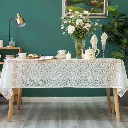 Lace Tablecloth Leaf Pattern Warp Knitting Fabric Solid White Rectangle/Oblong Table Cover for Kitchen Dining Farmhouse Wedding Party Decor Ivory, 52x70 Inch