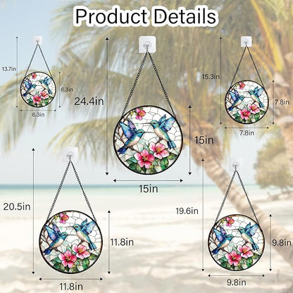 Stained Glass Window Hanging - Blue White Hummingbirds Pink Flowers Suncatcher for Door Terrace Garden Home Decor Bird Sun Catcher Birthday Gifts for Lovers Women Men Dad Mom Nana 7.8 in