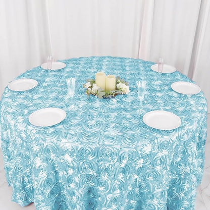 Efavormart 120" Wholesale Round Table Cover Light Blue Grandiose Rosette 3D Satin Tablecloth for Wedding Party Event Decoration