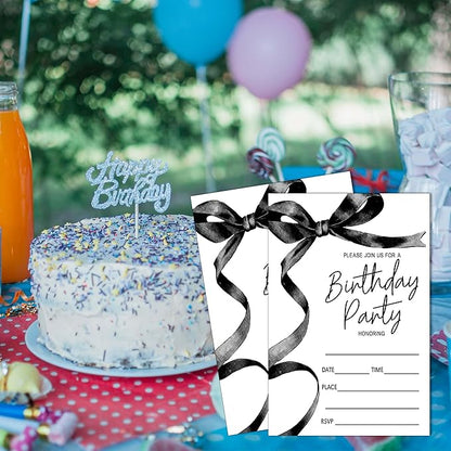 SIXEIGHT Black Bow Birthday Invitations, Black Ribbon Bow Birthday Party Invitations, 20 Party Invitations with Envelopes for Girls Boys, Birthday Party Favor & Decoration (4"x6")-A01