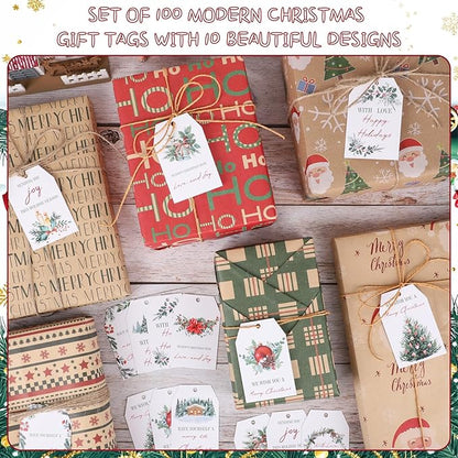 100PCS Christmas Gift Tags 10 Styles Watercolor Christmas Tree Pinecone Tags with String Celebrations Tag for Present Wrapping Xmas Holiday Seasonal Party Favors