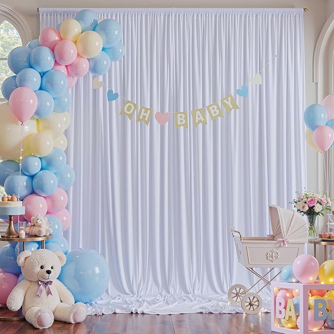 10×14 ft Wrinkle Free White Backdrop Curtain for Wedding Parties, 2 Panels 5×14ft Height Silky Polyester Photo Backdrop Drapes for Parties Birthday Baby Shower Photography Background Cloth