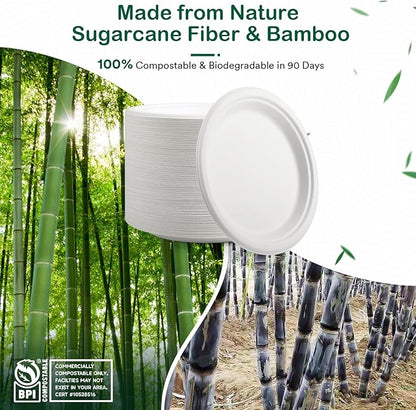 𝟕 𝐈𝐧𝐜𝐡, 𝟏𝟐𝟖-𝐏𝐚𝐜𝐤 Compostable Paper Plates, Heavy-Duty Biodegradable Disposable Dish Made from Bagasse, Perfeck for Snacks, Desserts, Party, Wedding and More (White)