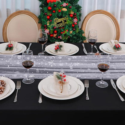 Snowkingdom 6 Pcs Christmas Snowflake Table Runners, 120 Inch Sheer Chiffon Gauze Cheesecloth, Silver Glitter Sequin Metallic Party Dining Table Decorations for Christmas Winter Holiday New Year