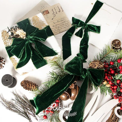 Ribbli Forest Green Velvet Ribbon 1.5 Inch Handmade Frayed Vintage Christmas Ribbon for Gift Wrapping Christmas Tree Ornament Wreath Craft Home Decor -Total 3 Yards with Wooden Spool