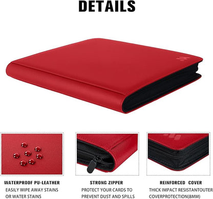 Premium 1000+ Pockets Card Binder,16 Pockets Trading Card Binder Ringless Side Loading Trading Card Album Folder for TCG -Red