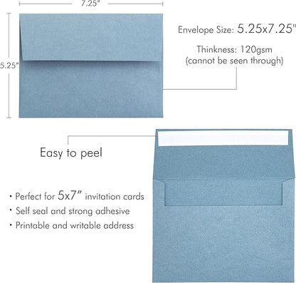 PONATIA 50 Pieces 5x7 Envelopes, Dusty Blue A7 Envelopes Self Seal for Weddings, Invitation Cards, Photos, Postcards, Greeting Cards Mailing, Baby Shower, Graduation, Christmas Gift Cards