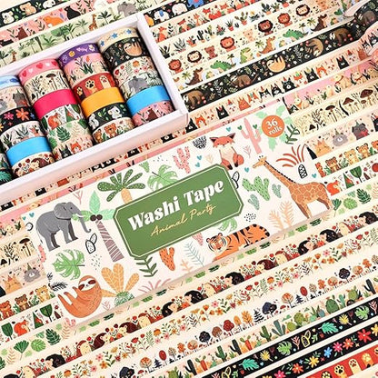 36 Rolls Animal Theme Washi Tape Set, Colorful Cute Adorable Animals Writable Decorative Tapes for Scrapbooking, Bible Journaling, Bullet Journaling, 0.6"x79" per Roll