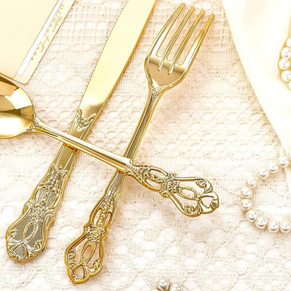 40PCS Gold Plastic Silverware - Heavy Duty Elegant Disposable Utensils - Gold Plastic Cutlery Set Includes 20 Forks, 10 Spoons, 10 Knives for Dinner, Parties, Weddings