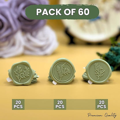 Sage Green Wax Seal Stickers (60 Pcs, 3 Designs in 1 Pack) Premium Envelope Seal Stickers Wedding Invitation Envelopes, Adhesive Wax Seals Perfect for Seating Chart, Gift Wrapping