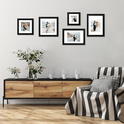 6x6 Picture Frame Set of 4 with High Definition Glass, Black Frames Display 4x4 Picture with Mat or 6 x 6 Without Mat, Square Wood Photo Frame for Wall Mount and Tabletop Display