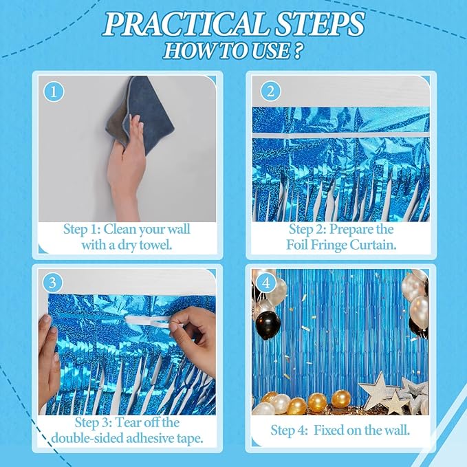3 Pack Foil Fringe Backdrop - Laser Blue Shiny Tinsel Curtains for Party Decoration/Photo Booth Props - 3.3x8.2 FT Metallic Foil Backdrop for Birthday, Wedding, Graduation, Christmas.
