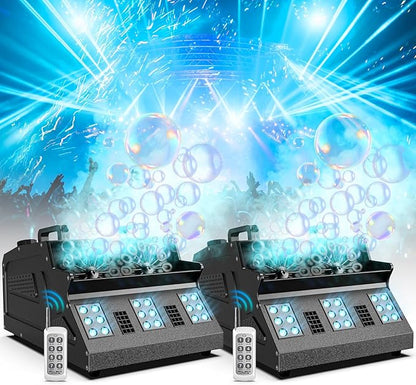 2000W Fog Machine, 3 in 1 Fog Bubble Machine with 2 Bubble Fans, 18 RGB LED Lights Smoke Bubble ALL IN ONE Fog Machine, Bubble Machine for Halloween Christmas Party Wedding, 2 Pack