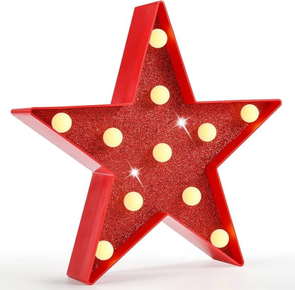 Pooqla Star Marquee Lights, Glitter LED Marquee, Red Light Up Star - Battery Powered Night Light for Birthday Party, Wedding, Christmas Decoration