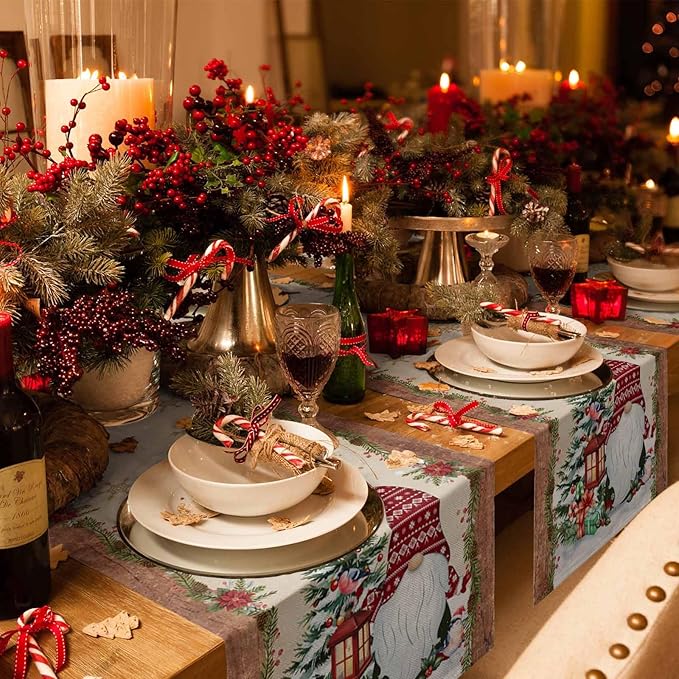 Christmas Gnomes Cotton Linen Table Runner for Dining Kitchen, Xmas Pine Tree Snowflake Rustic Wedding Outdoor Party Tablerunners Decoration, Retro Wood Dresser Scarf Tablecloth Runners 13x72 Inches