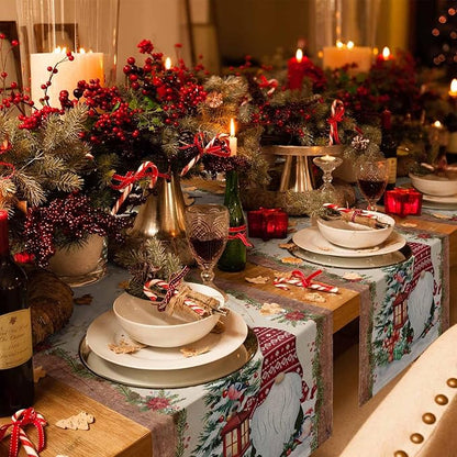 Christmas Gnomes Cotton Linen Table Runner for Dining Kitchen, Xmas Pine Tree Snowflake Rustic Wedding Outdoor Party Tablerunners Decoration, Retro Wood Dresser Scarf Tablecloth Runners 13x70 Inches