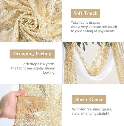 Wedding Arch Draping Fabric, 1 Panel 28" x19ft White Arch Drapes & 1 Panel 16" x19ft Champagne Sequin Fabric Drapes Arbor Backdrop Curtain for Wedding Arch Ceremony Bridal Shower Reception