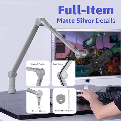 IXTECH Boom Arm - Adjustable 360° Rotatable Microphone Sturdy Stainless Steel Mic Desk, Table Stand Foldable Scissor Stable Mount Arms for Radio Studio, Podcast, Gaming (MATTE SILVER)