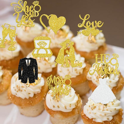30 Pack Bride to be Cupcake Toppers Glitter Diamond Ring I Do Love Cupcake Picks Miss to Mrs He Asked She Said Yes Bridal Shower Wedding Engagement Bachelorette Cake Decoration Gold