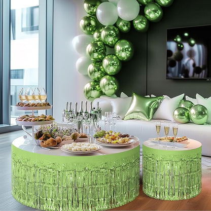 2 Pack Light Green Table Skirts, 29x108" Metallic Foil Tinsel Fringe Table Skirts for Rectangle Tables Streamer Curtains Backdrop, Party Decorations for Birthdays Weddings Holidays