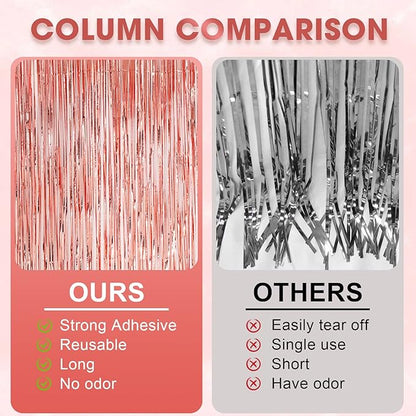 2 Pack Rose Gold Tinsel Foil Fringe Curtains, Rose Gold Party Decorations, Metallic Tinsel Party Streamers Backdrop for Birthday Baby Shower Graduation Wedding Party Decorations