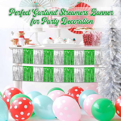 6 Pack 10 Ft Silver Green Foil Fringe Garland Metallic Streamers Tinsel Banner Wall Hanging Garland Backdrop for Parade Floats, Halloween, Christmas, Thanksgiving, New Year Party Decorations