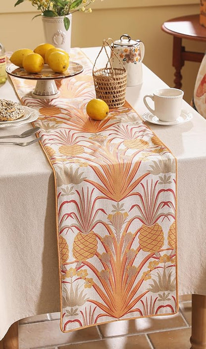 patdrea Designer Tropical Linen Table Runner 87 Inch Long, Yellow Vintage Elegant with Pineapple Pattern Table Mat,Decoration for Kitchen Dining Coffee Table Cover Banquet Christmas , 12"*87"