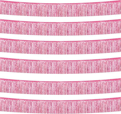 6 Pack 10 Feet Foil Fringe Garland Metallic Tinsel Streamers Banner Wall Hanging Curtain Backdrop Banner for Parade Floats, Thanksgiving, Christmas, Birthday, Halloween Party Decorations(Pink)