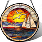 Stained Glass Window Hanging, Sun Ocean Sailboat Seagull Abstract Suncatcher Diamond Glass Panel Sun Catchers Decor for Birthday for Women, Men, Wife, Aunt, and Mom 14.9x14.9 in