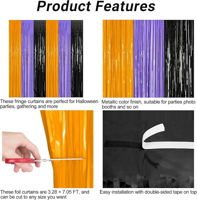 12 Pack Halloween Decor, 3.28 FT x 7.05 FT Orange Purple Black Fringe Curtains, Funny Wall Backdrop Photo Booth Backdrop Party Streamer, Halloween Foil Decorations Photo Booth Props