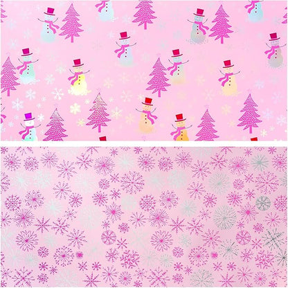 LeZakaa Christmas Pink Wrapping Paper Mini Roll, Snowman Christmas Tree & Snowflake Metallic Foil, Rose Gold Foil Reversible Design for Festive Winter Holiday, Family Gathering, 17 inches x 32.8 Feet