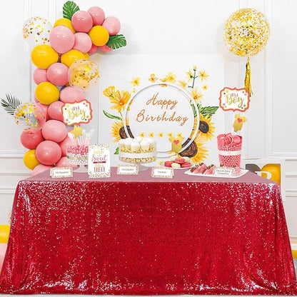 QueenDream Sequin Tablecloth 60x102 Inch Red Tablecloth Glitter Table Cloth for Bridal Shower Birthday Engagement Wedding Party Decorations