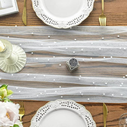 Artoid Mode 3PCS Pearl Gauze Table Runner 120 Inch 10FT, Seasonal Sheer Dining Holiday Wedding Birthday Baby Shower Table Decor for Home Party
