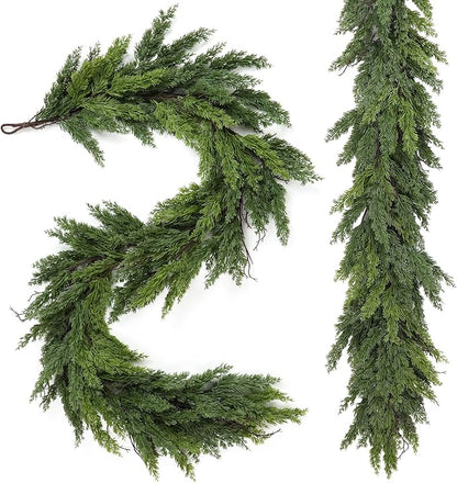 2PCS 9FT Artificial Christmas Garland, Cedar Garland -Real Touch Greenery Cypress Pine Garland for Mantle Table Railing Fireplace Indoor & Outdoor Christmas Decorations
