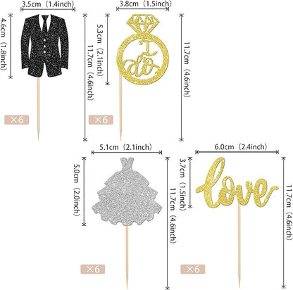 24 PCS Wedding Cupcake Toppers Glitter Bride and Groom Cupcake Picks Love I Do Ring Cupcake Decorations for Wedding Engagement Bridal Shower Theme Party Cake Decorations Supplies Gold