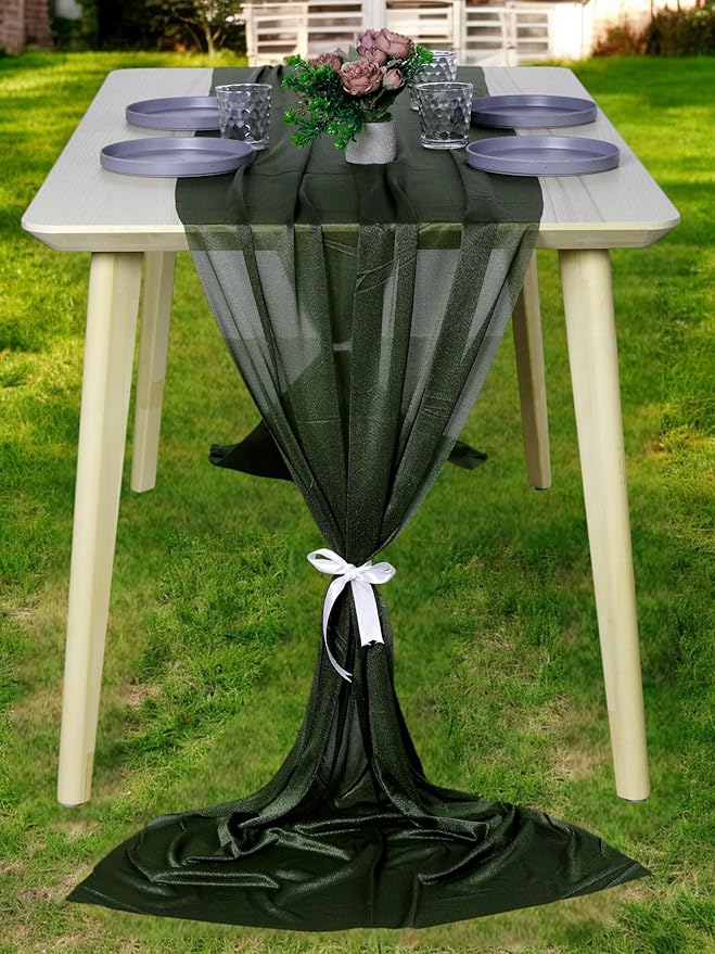 MDS Halloween Chiffon Table Runner - 15 Pack, 29 x 170 Inches, 14ft Each - Sheer Spooky Table Runners for Haunted House Parties, Trick-or-Treat Tables, Witchy Décor, Wedding & Events - Olive Green