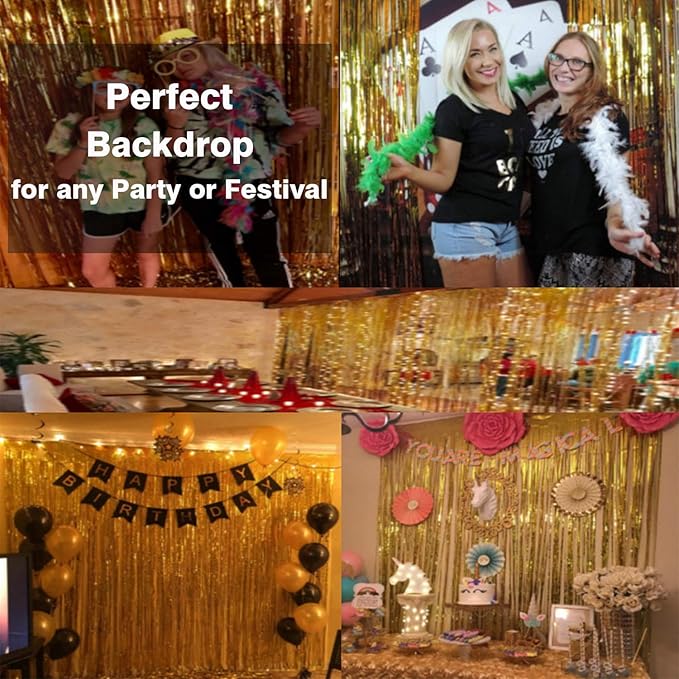 GOER 3.2 ft x 9.8 ft Metallic Tinsel Foil Fringe Curtains Party Photo Backdrop Party Streamers for Birthday,Graduation,New Year Eve Decorations Wedding Decor (Gold,5 pcs)