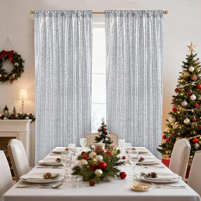 SquarePie Sequin Backdrop Non-Transparent Background Sparkly Curtain for Wedding Party 2FT x 8FT Silver 2pcs