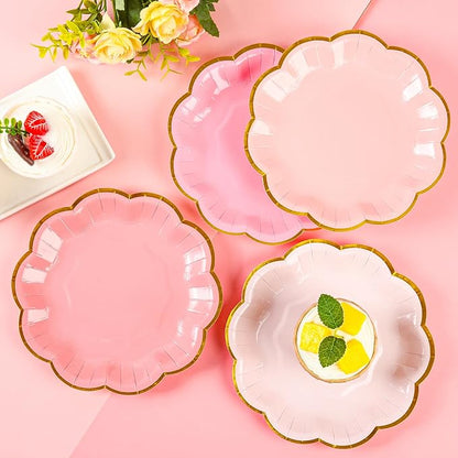 Pink Party Plates Gradient Pink Dessert Paper Plates 7inch Gold Foil Scalloped Edge Disposable Cake Plates for Tea Party Birthday Bridal Baby Shower Wedding Party Supplies (48)